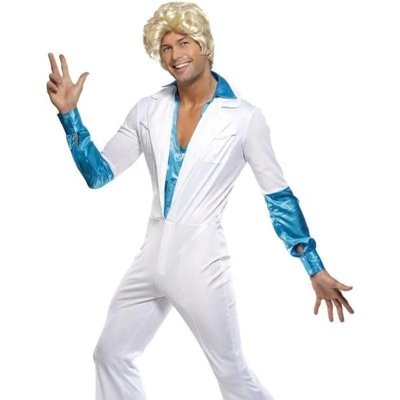 70s Disco Man Costume Adult White Blue Jumpsuit