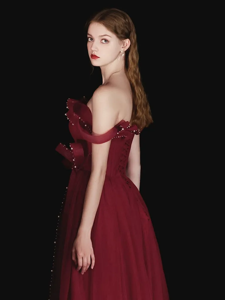 A-Line Tulle Beads Burgundy Long Prom Dress, Burgundy Long Evening Dress