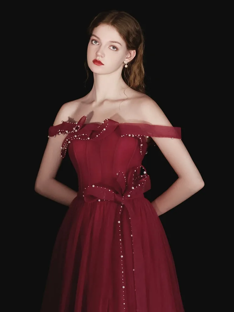 A-Line Tulle Beads Burgundy Long Prom Dress, Burgundy Long Evening Dress