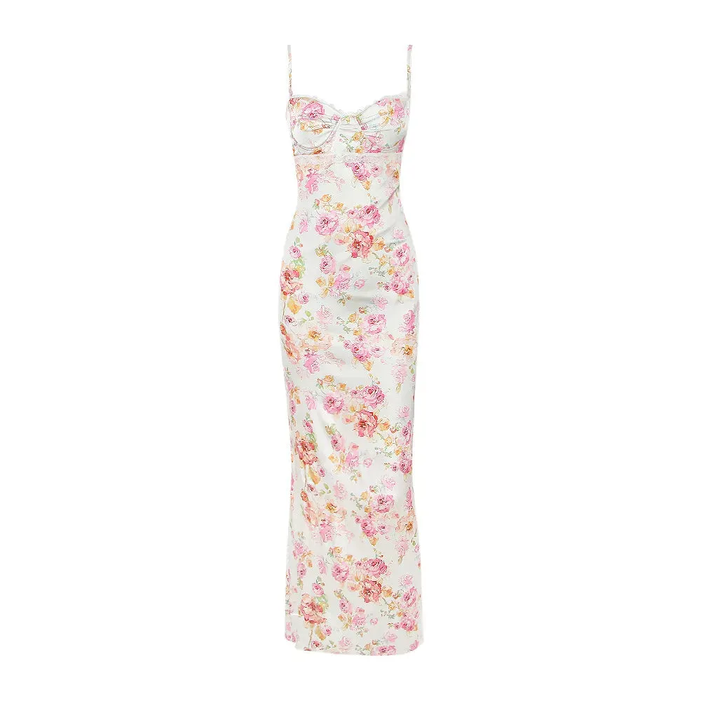 A&A Spaghetti Strap Floral Print Bustier Maxi Bodycon Dress