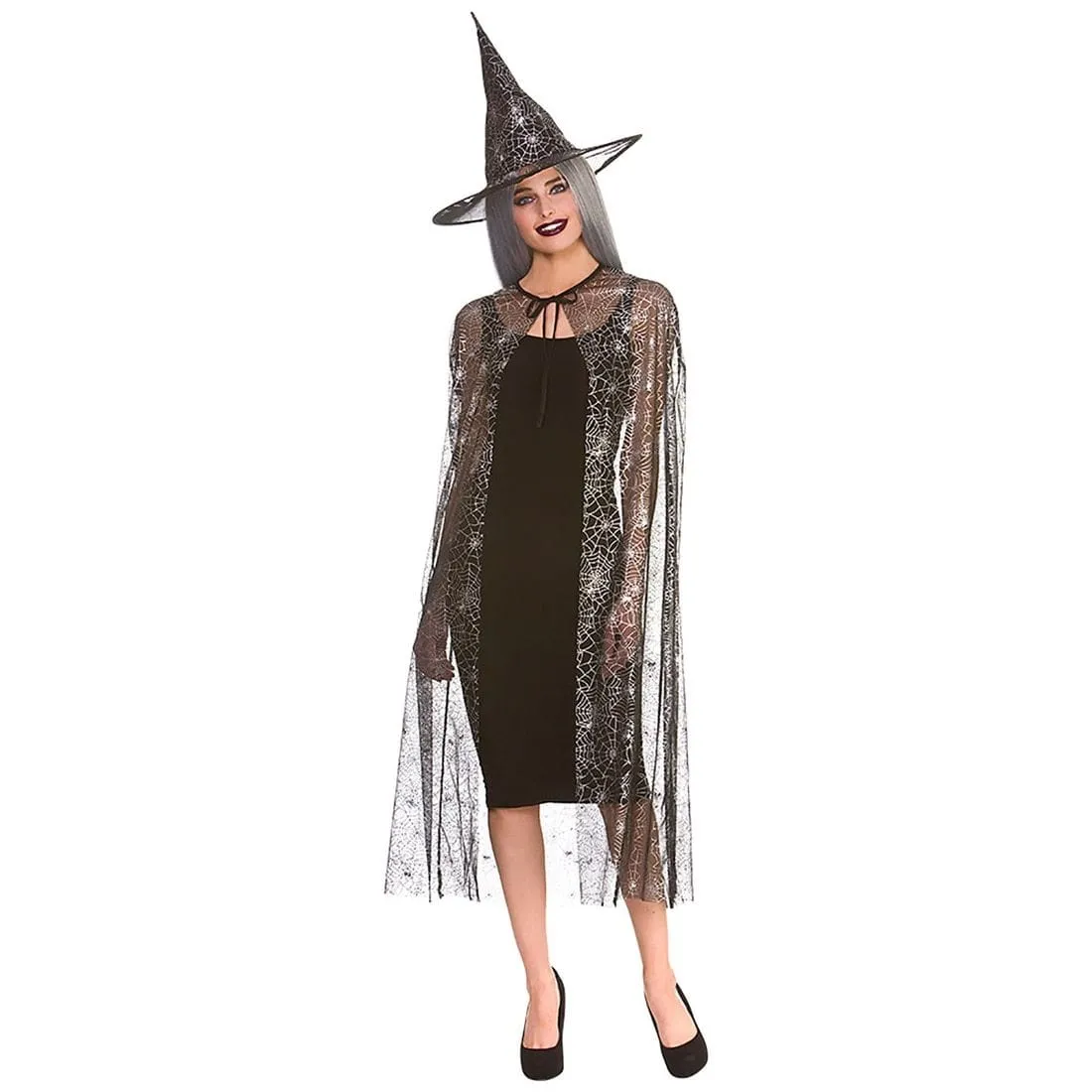 Adults Shimmering Spider Web Witch Cape & Hat Halloween 125cm