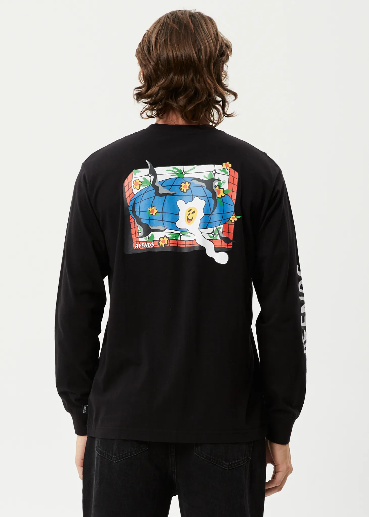 AFENDS Mens Globe - Long Sleeve Graphic T-Shirt - Black