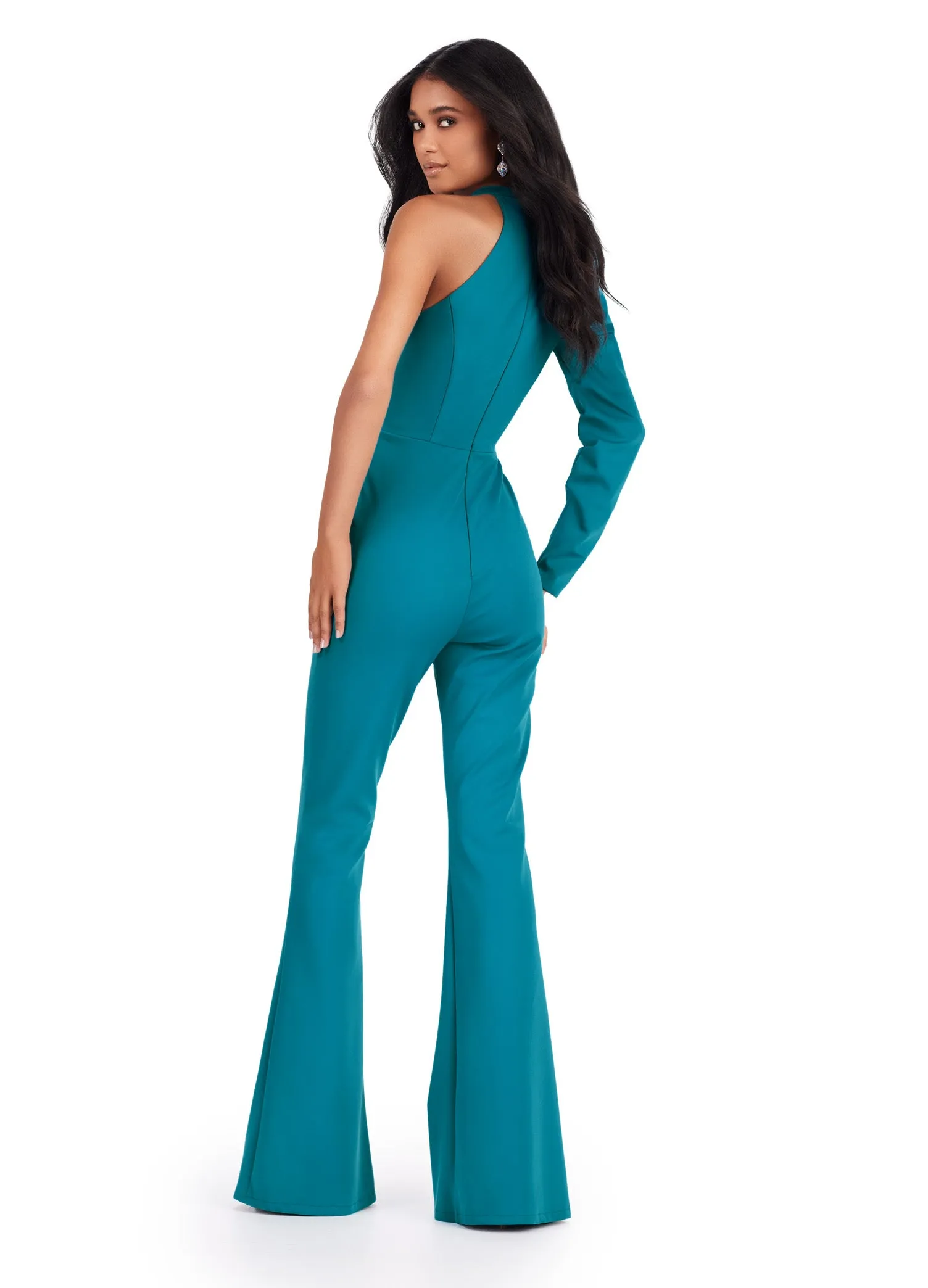 Ashley Lauren 11531 Prom One Shoulder Scuba Jumpsuit Puff Sleeve Formal