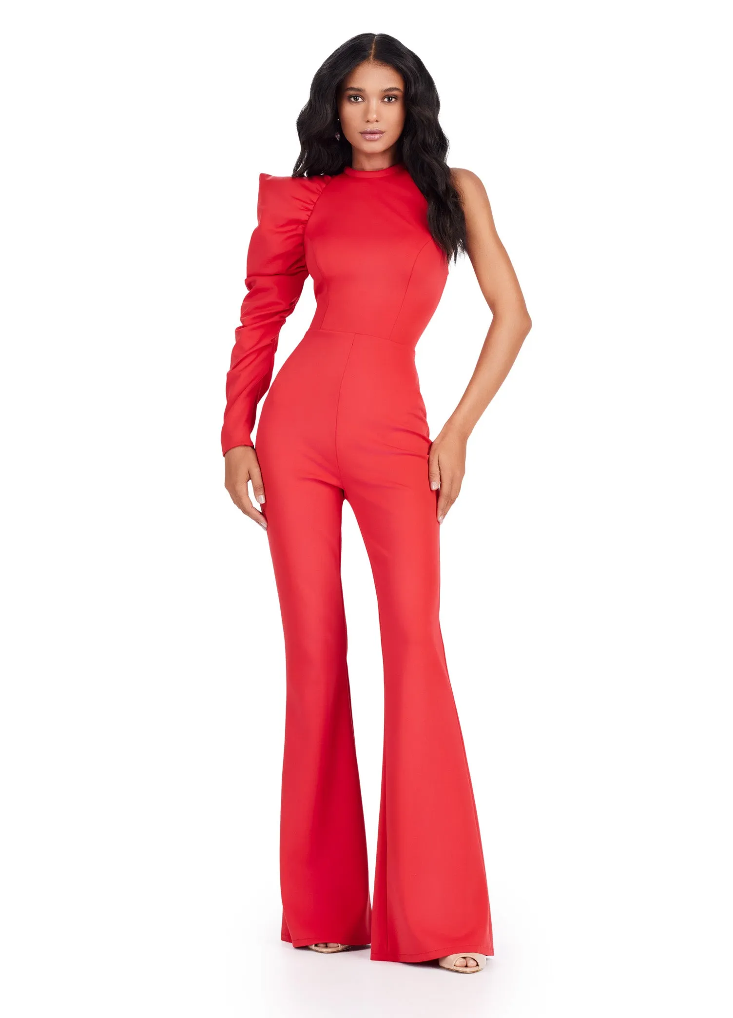 Ashley Lauren 11531 Prom One Shoulder Scuba Jumpsuit Puff Sleeve Formal