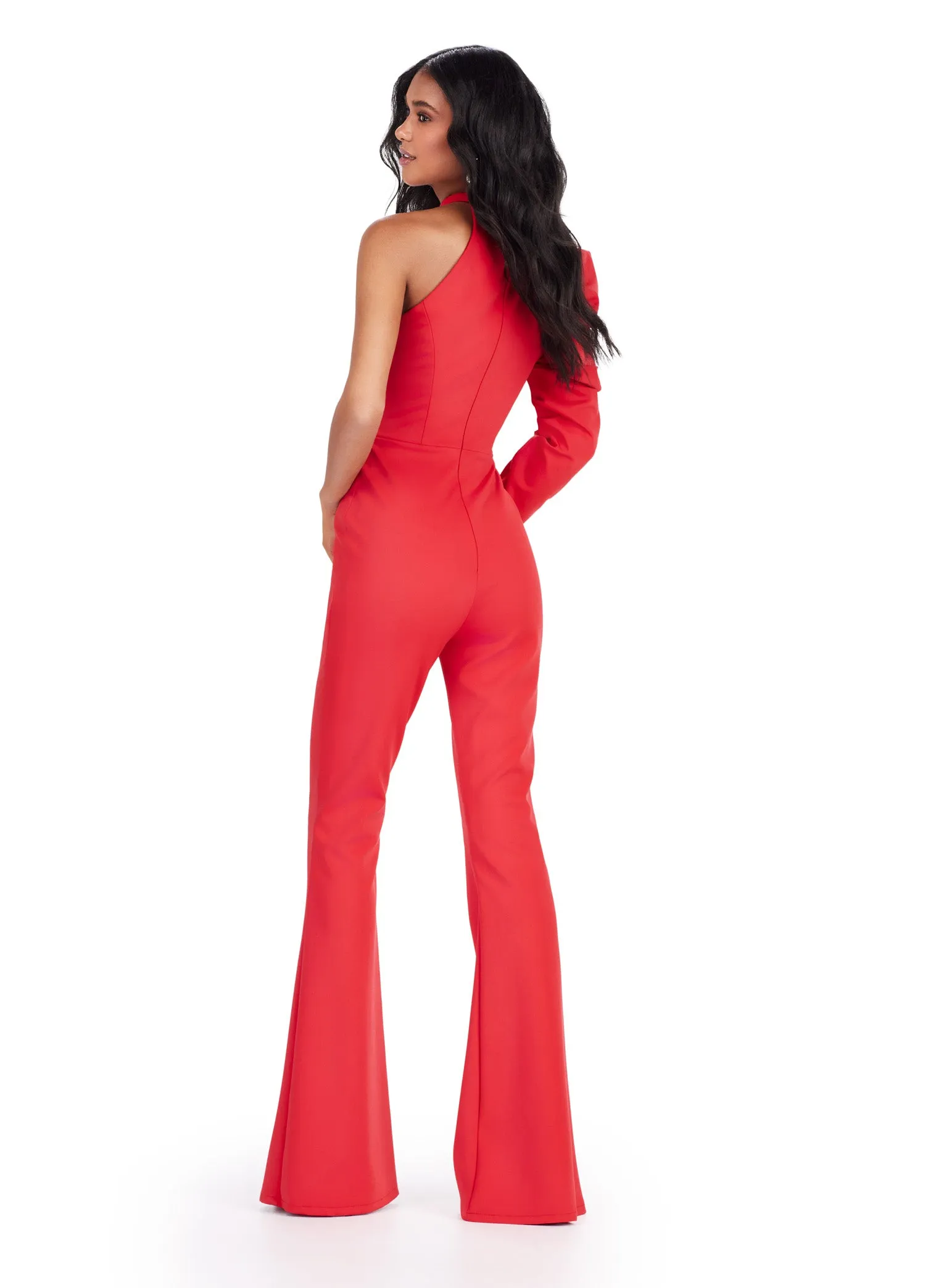 Ashley Lauren 11531 Prom One Shoulder Scuba Jumpsuit Puff Sleeve Formal