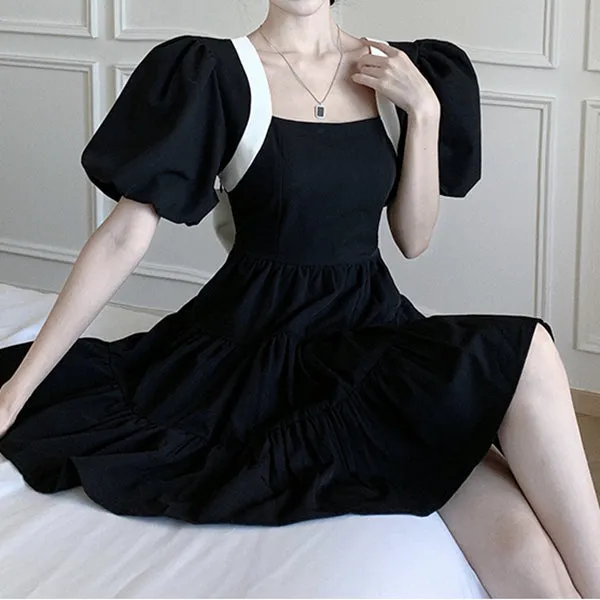 Backless Bow Square Neck Sweet Black Dress