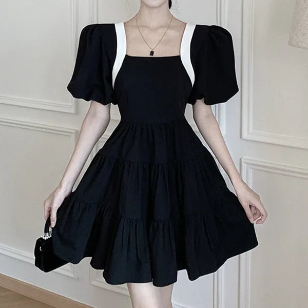 Backless Bow Square Neck Sweet Black Dress