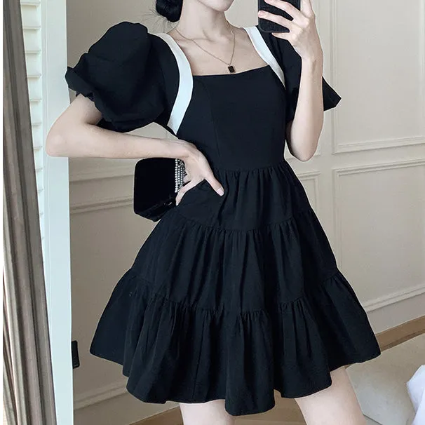 Backless Bow Square Neck Sweet Black Dress