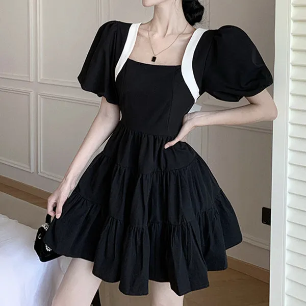 Backless Bow Square Neck Sweet Black Dress