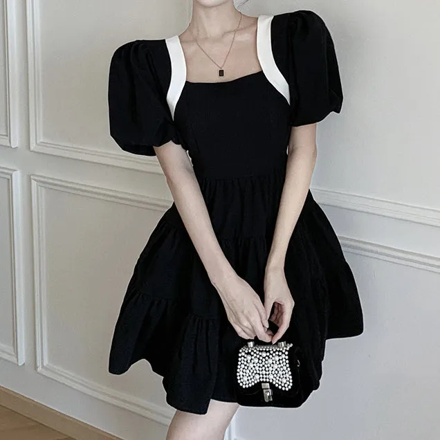 Backless Bow Square Neck Sweet Black Dress