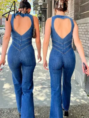 Backless Heart Cutout Bodycon Jumpsuit For Women Casual Sleeveless Slim One-Piece Outfits Retro Denim Jumpsuits New