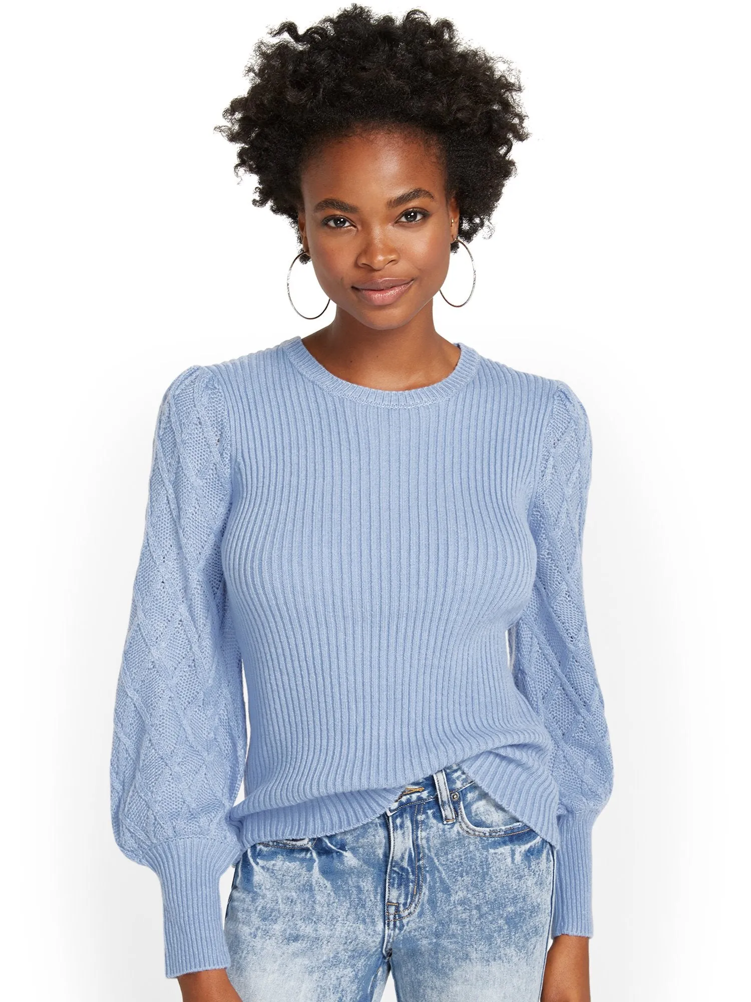 Balloon-Sleeve Cable-Knit Pullover Sweater