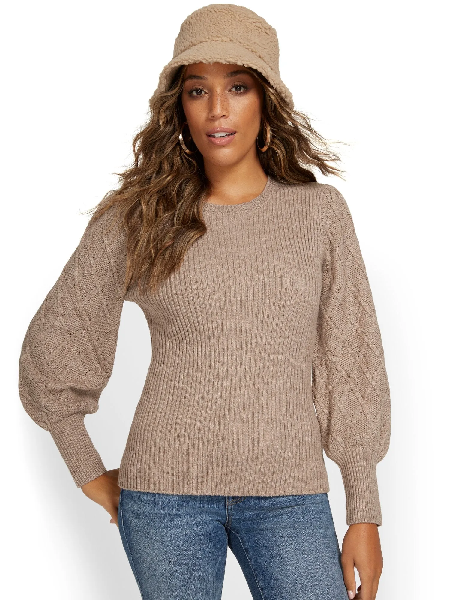 Balloon-Sleeve Cable-Knit Pullover Sweater