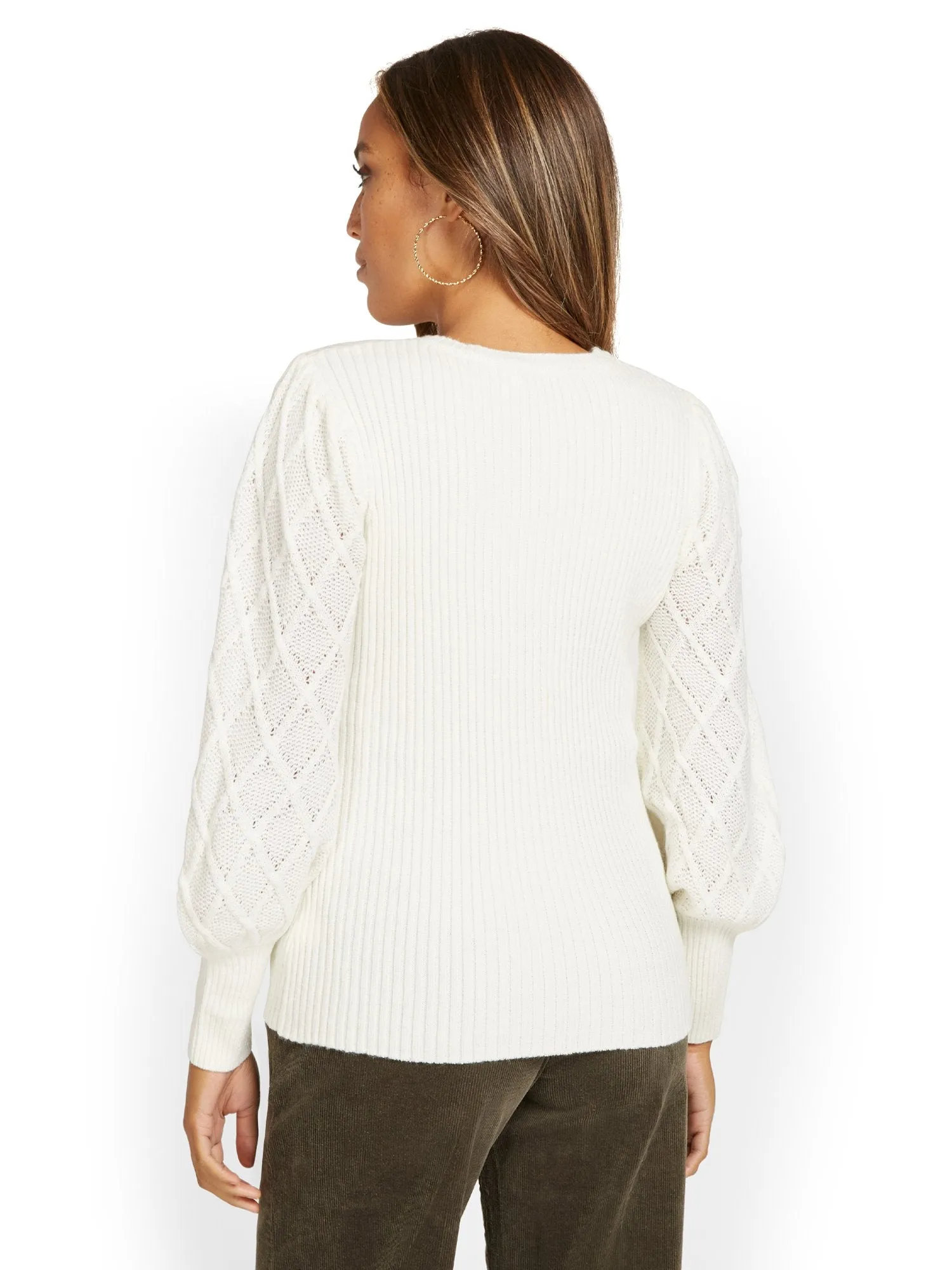 Balloon-Sleeve Cable-Knit Pullover Sweater