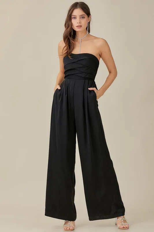 Beautiful Black Strapless Detailed Wide Leg Jumpsuit