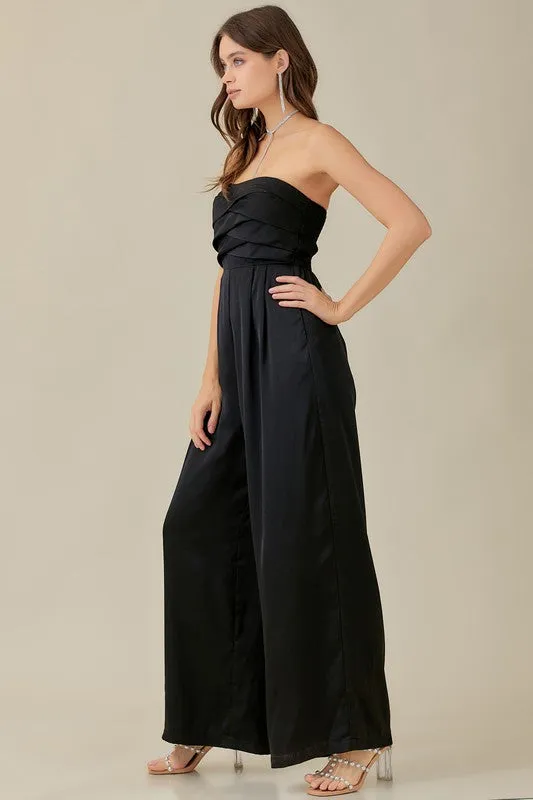 Beautiful Black Strapless Detailed Wide Leg Jumpsuit