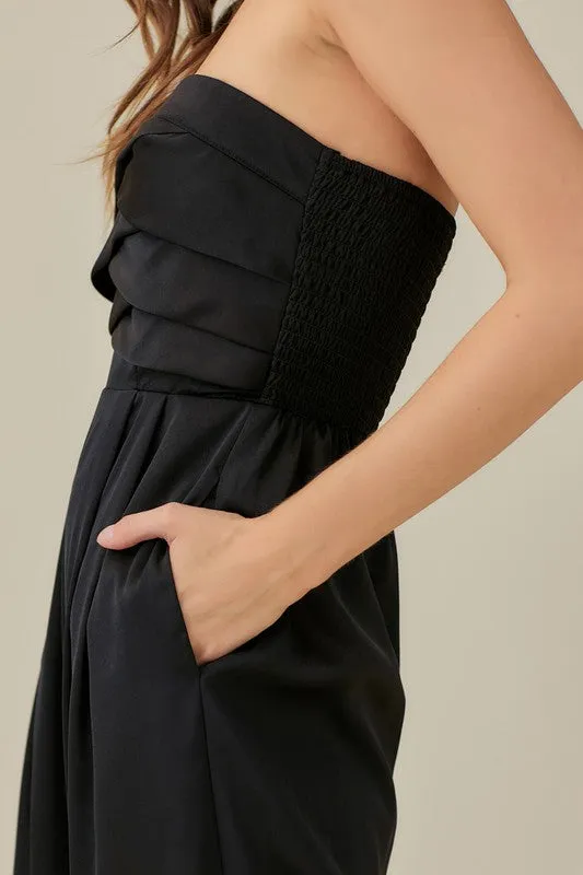 Beautiful Black Strapless Detailed Wide Leg Jumpsuit