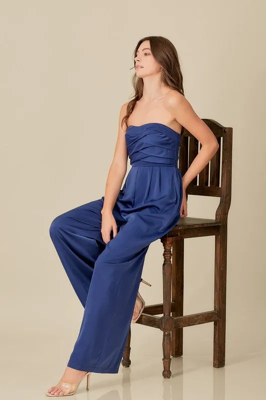 Beautiful Blue Strapless Detailed Wide Leg Jumpsuit