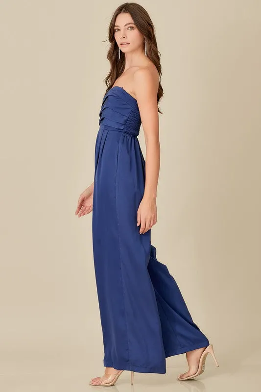 Beautiful Blue Strapless Detailed Wide Leg Jumpsuit