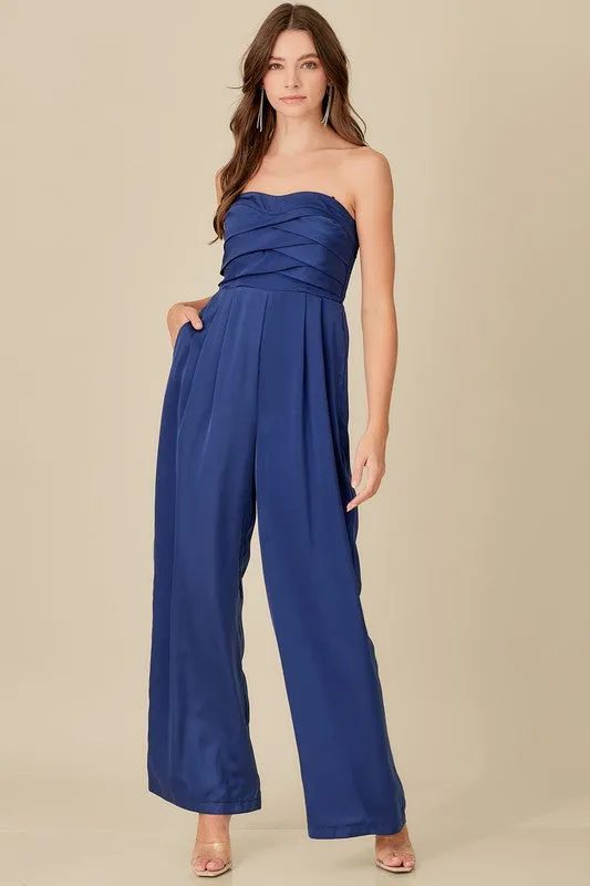 Beautiful Blue Strapless Detailed Wide Leg Jumpsuit