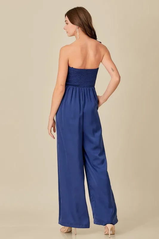 Beautiful Blue Strapless Detailed Wide Leg Jumpsuit