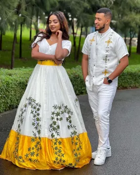 Beautiful Yellow Habesha Couples Outfit Stunning Design with Green Detailing Ethiopian Couples Outfit