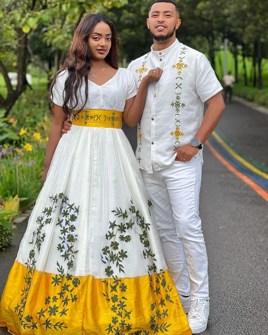 Beautiful Yellow Habesha Couples Outfit Stunning Design with Green Detailing Ethiopian Couples Outfit