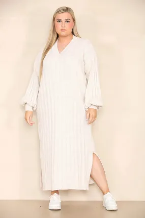 Beige Casual V Neck Knit Long Sleeve Slit Loose Sweater Dress