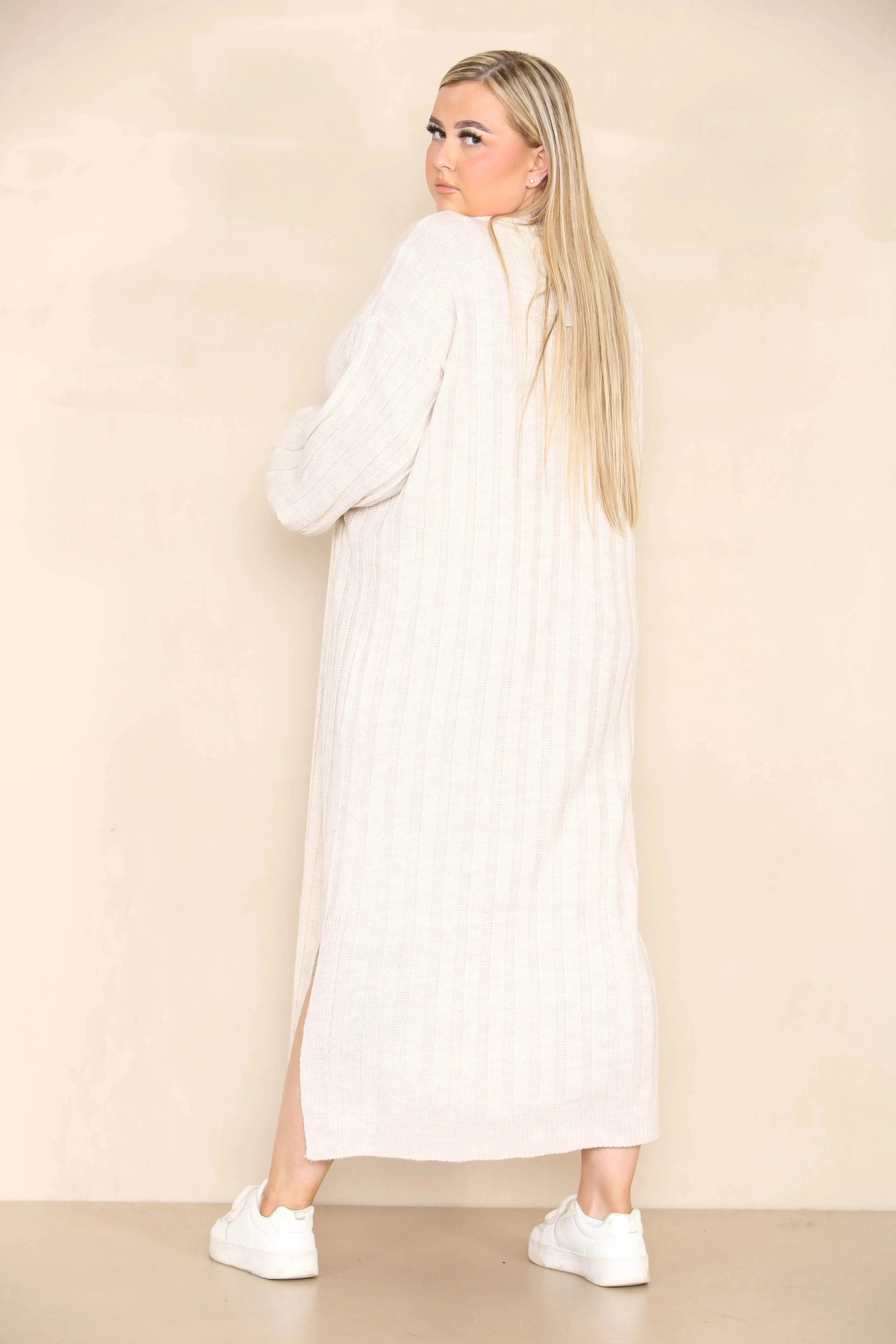 Beige Casual V Neck Knit Long Sleeve Slit Loose Sweater Dress