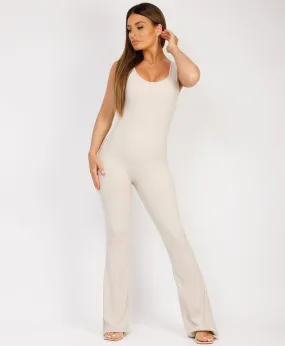 Beige Sleeveless Open Back Ruched Jumpsuit