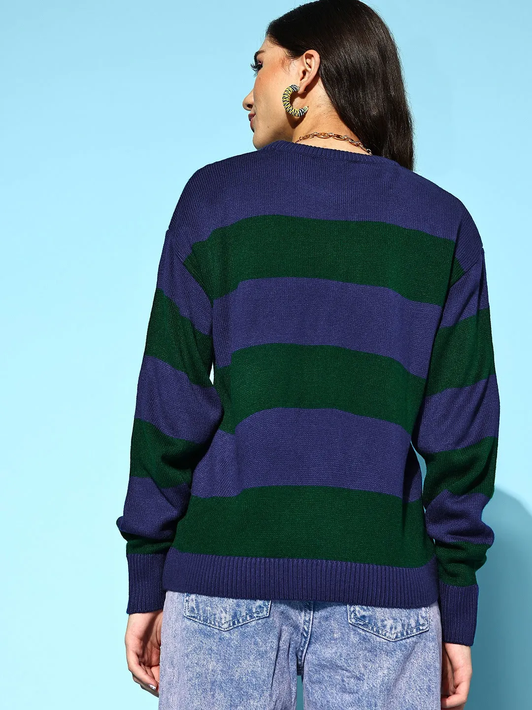 Berrylush Women Blue & Green Striped Pattern Round Neck Polyester Ribbed Hem Regular Pullover