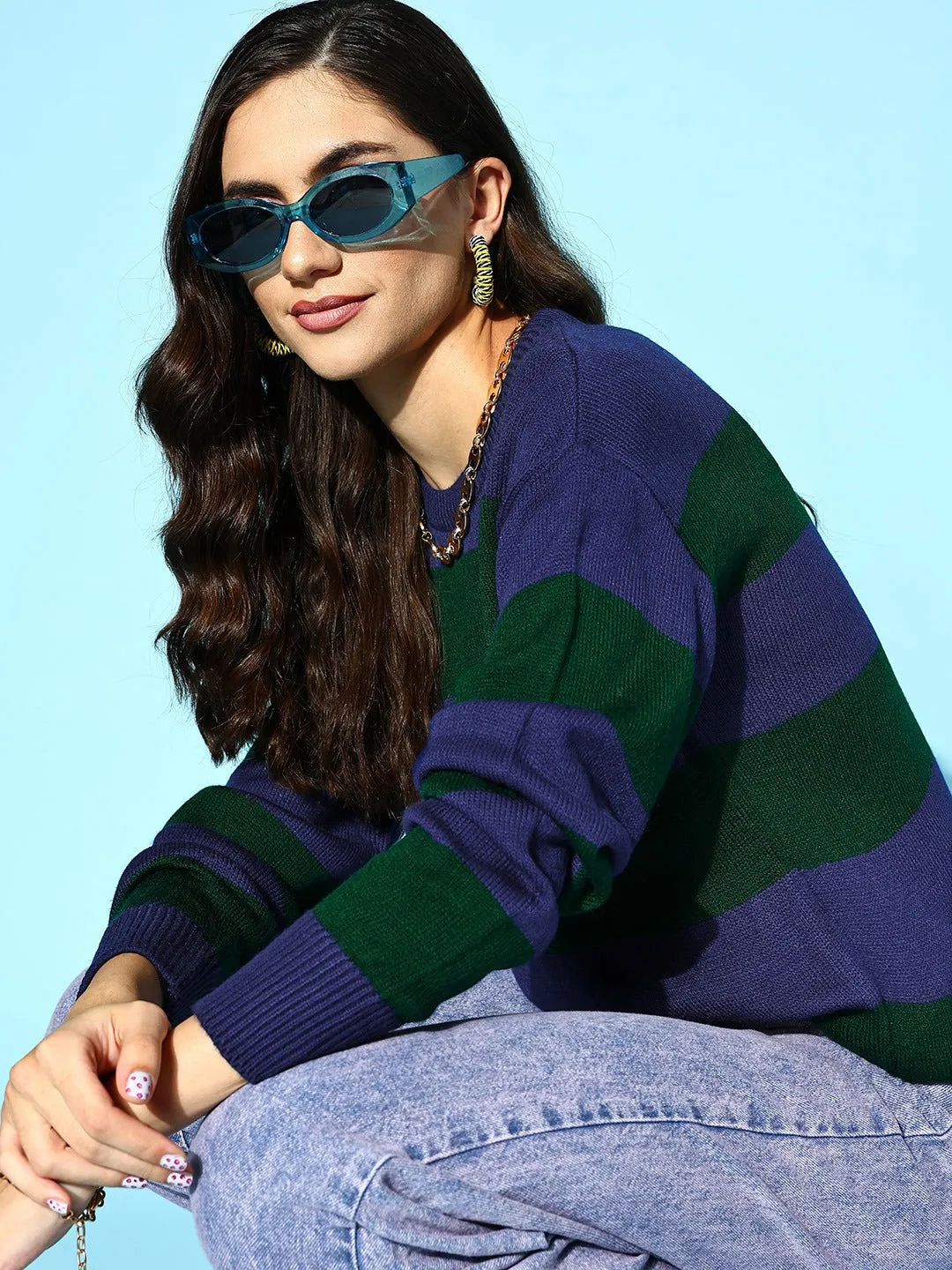 Berrylush Women Blue & Green Striped Pattern Round Neck Polyester Ribbed Hem Regular Pullover