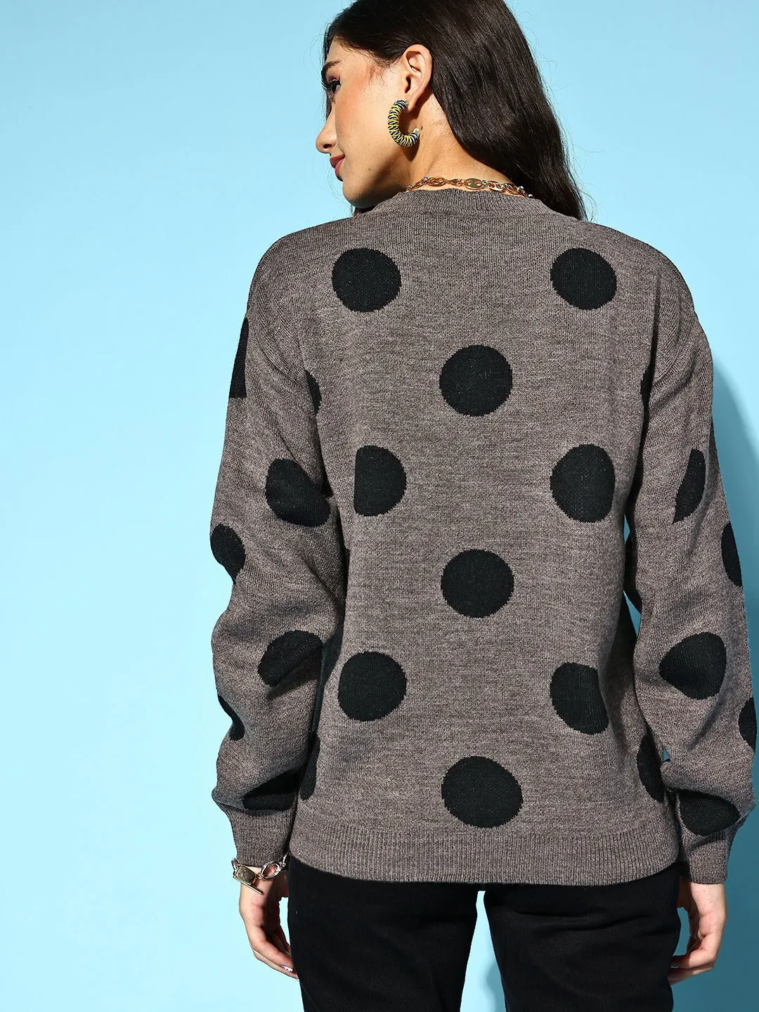 Berrylush Women Grey & Black Polka Dot Printed Round Neck Ribbed Hem Regular Pullover