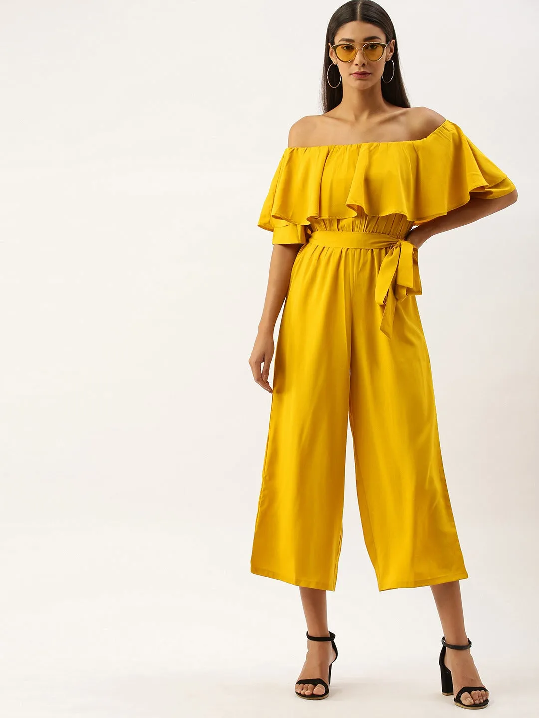 Berrylush Women Solid Yellow Off Shoulder Culotte Jumpsuit