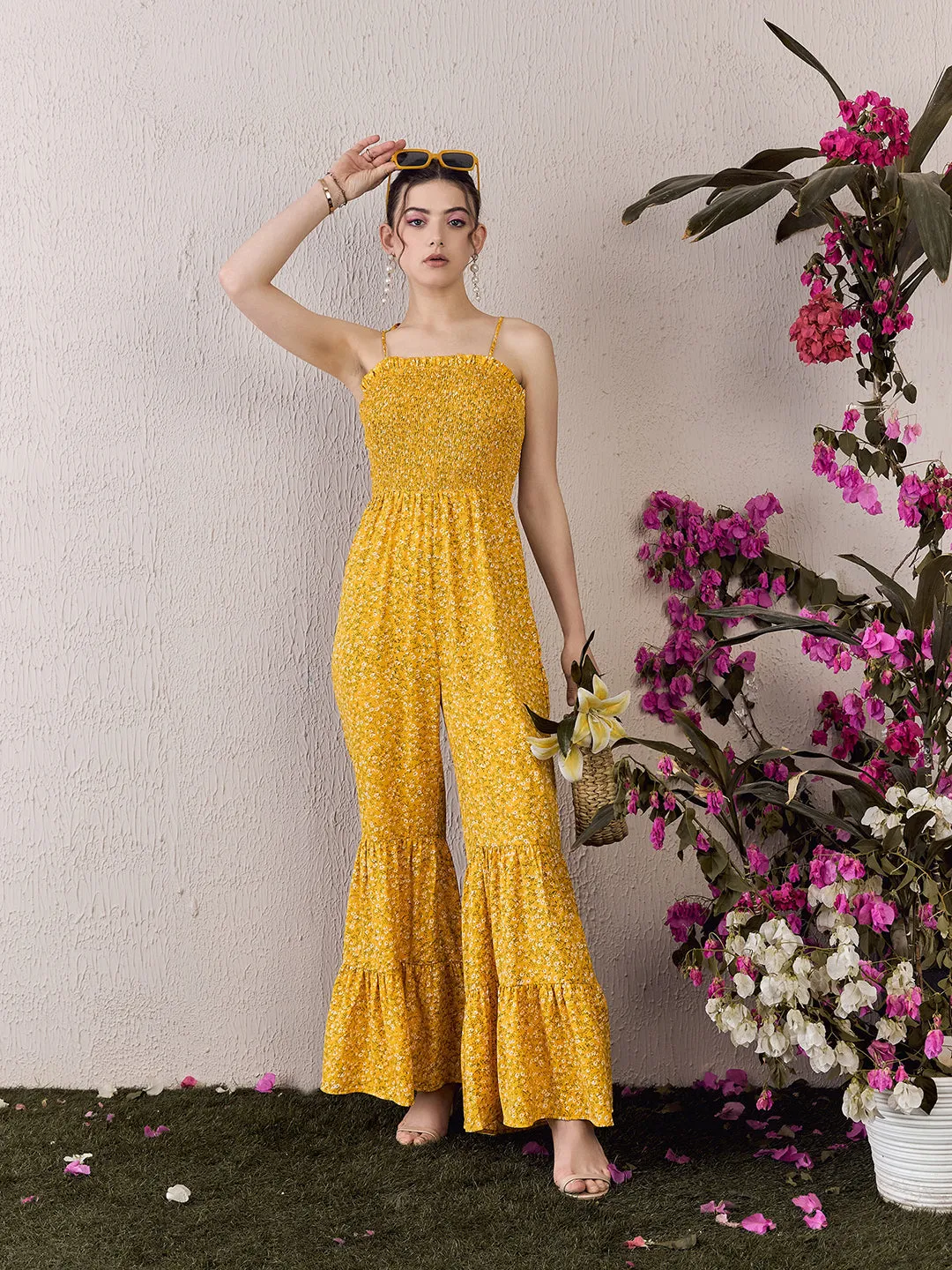 Berrylush Women Yellow Floral Printed Square Neck Sleeveless Tie-Up Straps Wide-Leg Smocked Maxi Jumpsuit