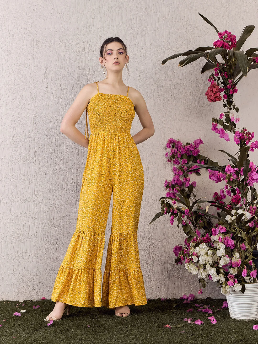 Berrylush Women Yellow Floral Printed Square Neck Sleeveless Tie-Up Straps Wide-Leg Smocked Maxi Jumpsuit