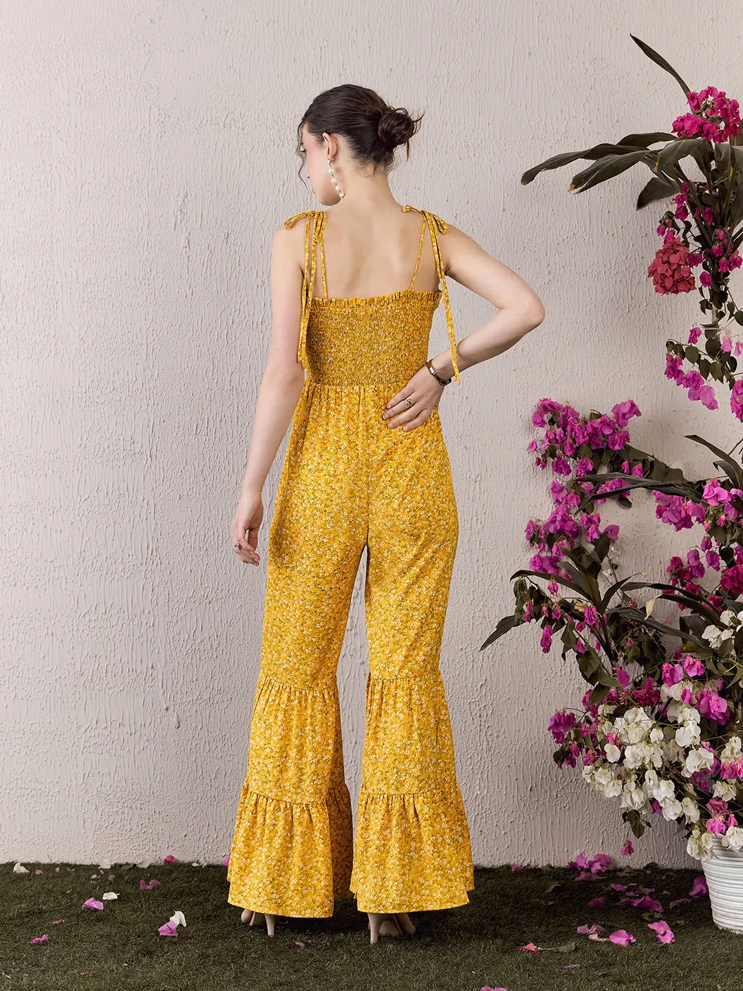 Berrylush Women Yellow Floral Printed Square Neck Sleeveless Tie-Up Straps Wide-Leg Smocked Maxi Jumpsuit