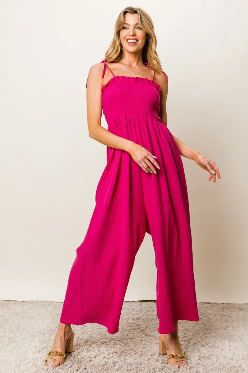 BiBi Texture Smocked Sleeveless Jumpsuit