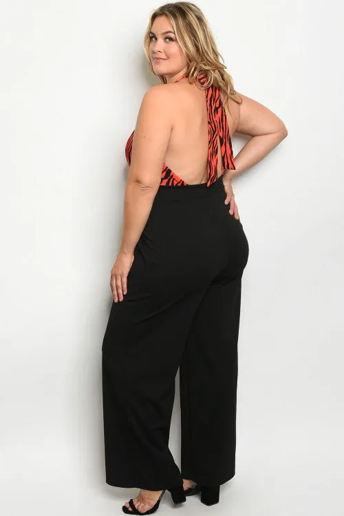 Black and Red Animal Print Halter Plus Size Jumpsuit