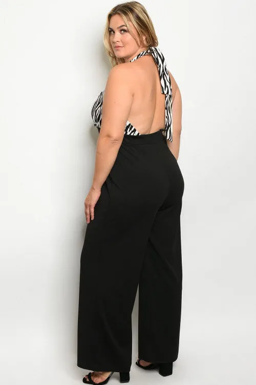 Black and White Animal Print Halter Plus Size Jumpsuit