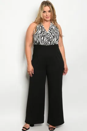 Black and White Animal Print Halter Plus Size Jumpsuit