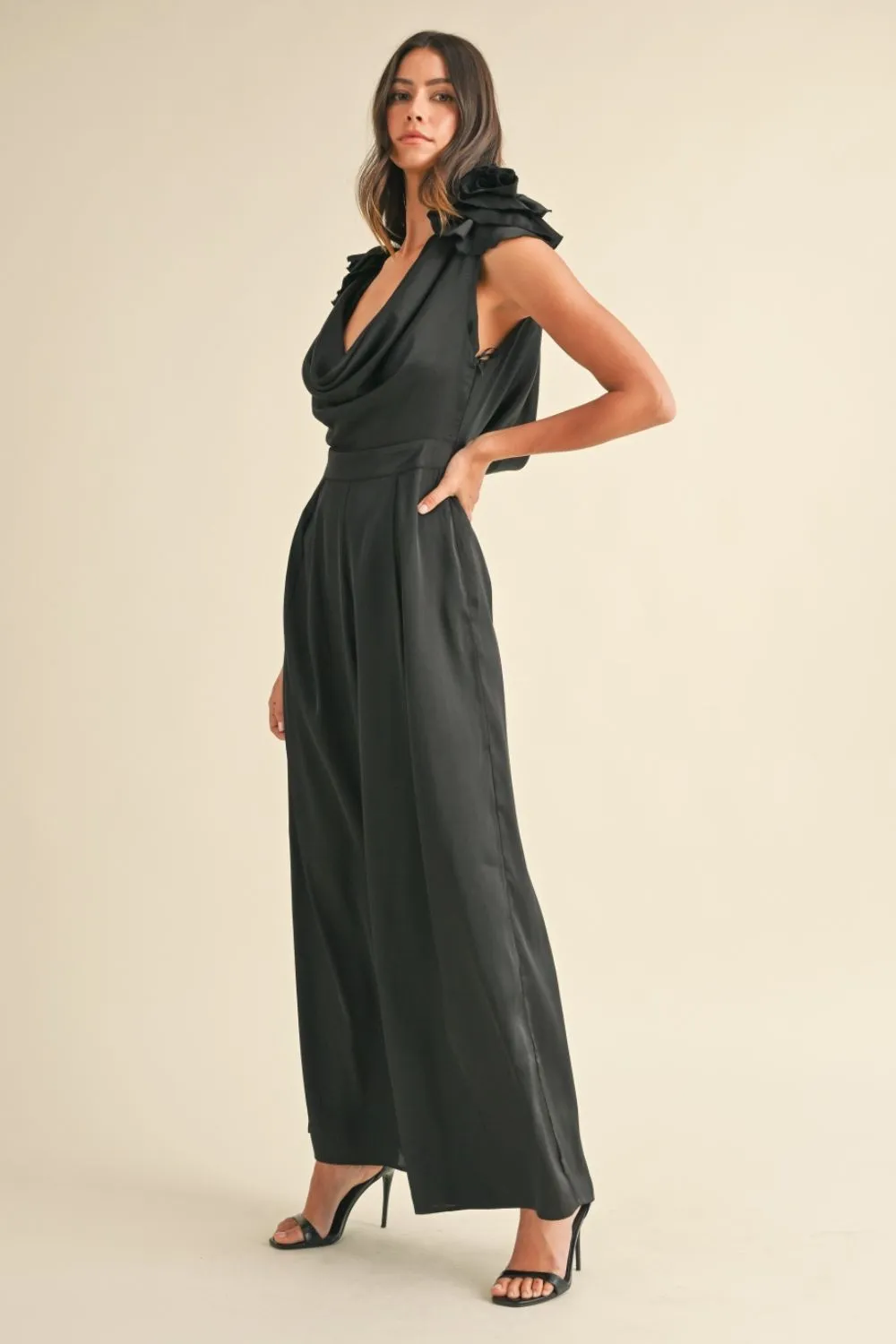 Black Applique Deep Cowl Neck Jumpsuit