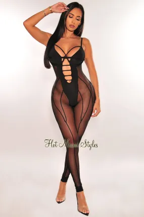 Black Mesh Spaghetti Strap Underwire Strappy Jumpsuit