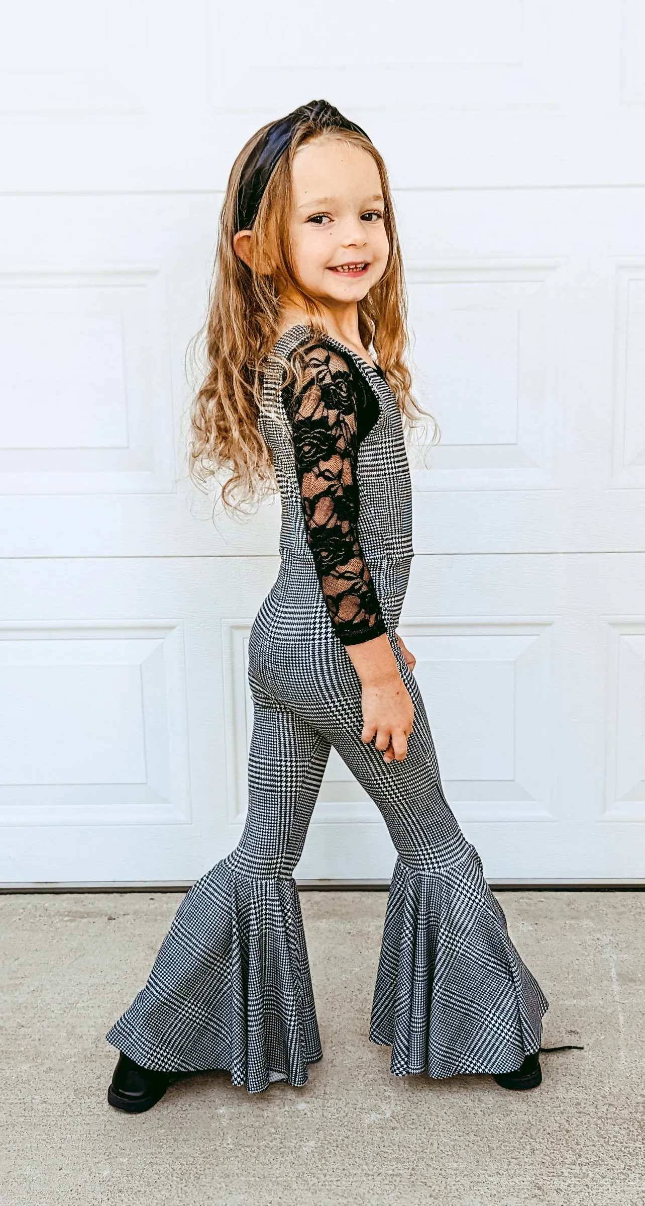 Black Plaid Bell Bottom Jumpsuit