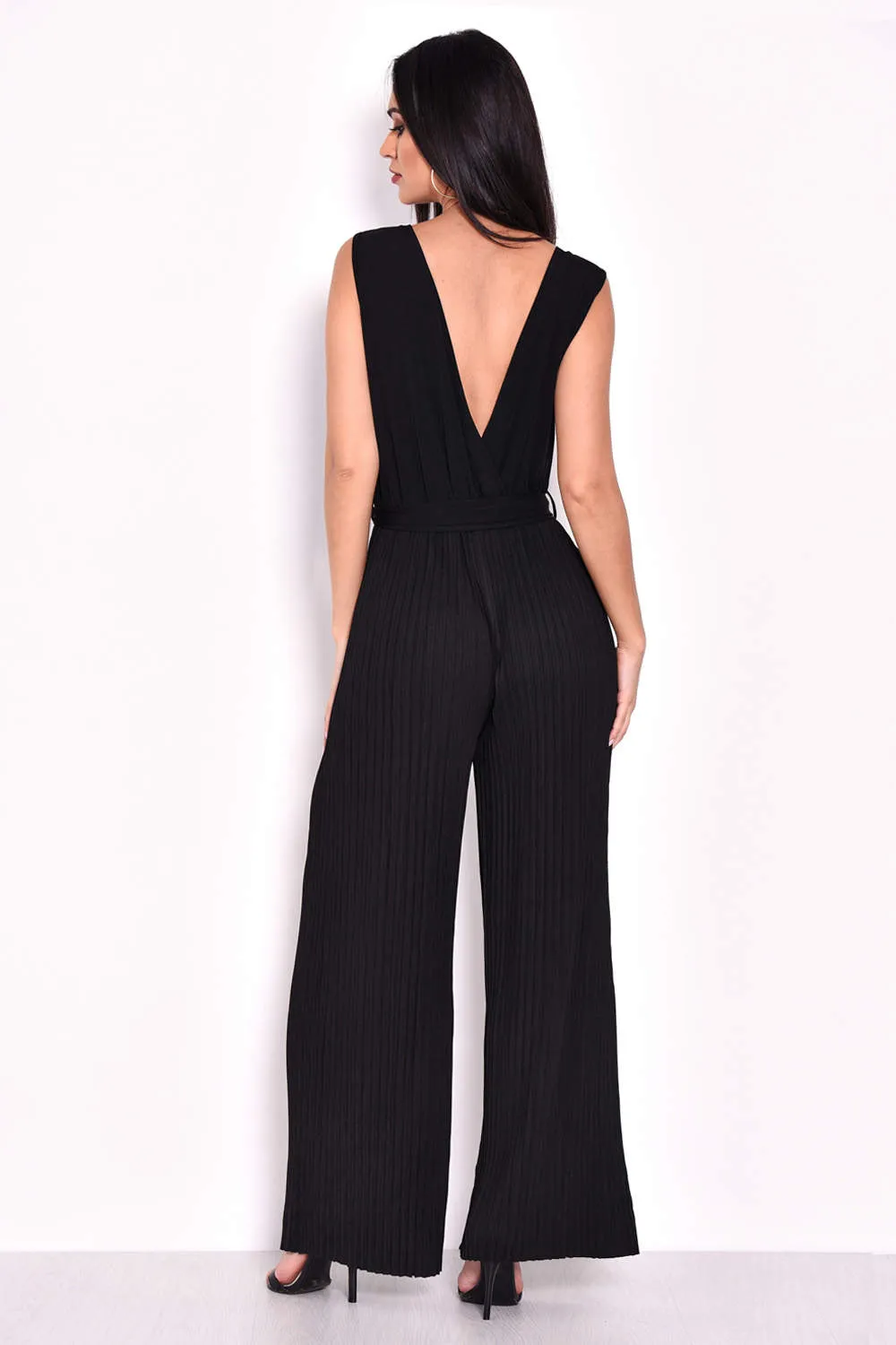 Black Pleated Tie-Waist Jumpsuit