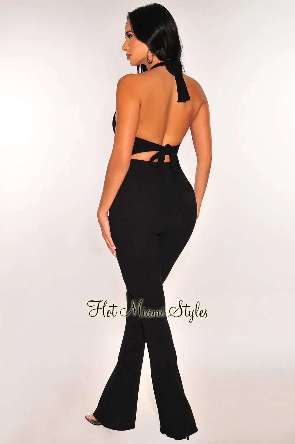 Black Ribbed Halter Cut Out Tie Up Flare Jumpsuit