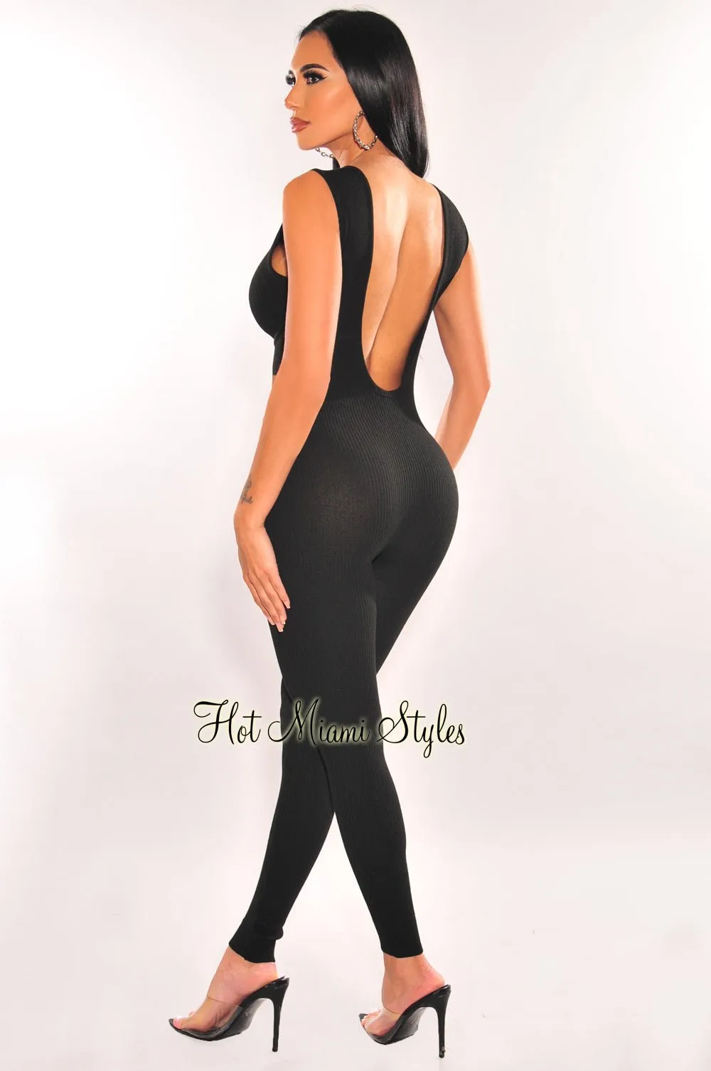 Black Ribbed Knit Sleeveless Zipper Jumpsuit