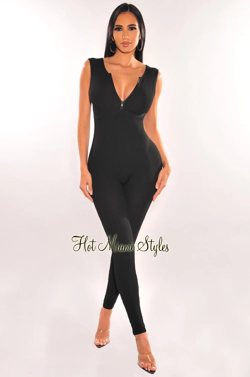 Black Ribbed Knit Sleeveless Zipper Jumpsuit