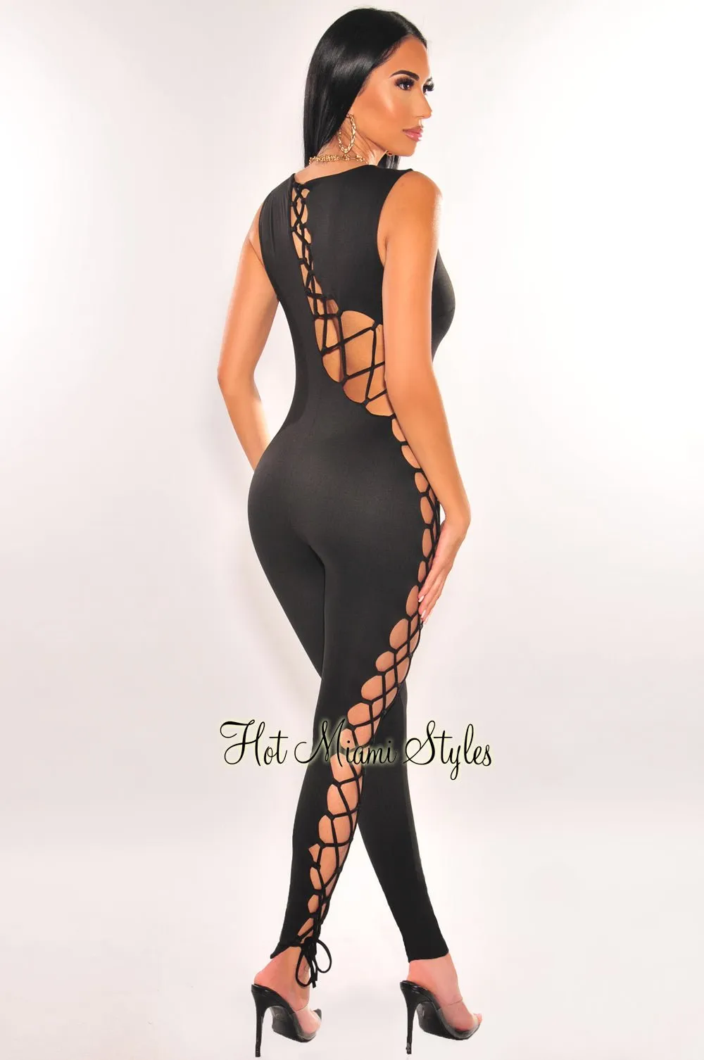 Black Sleeveless Lace Up Jumpsuit