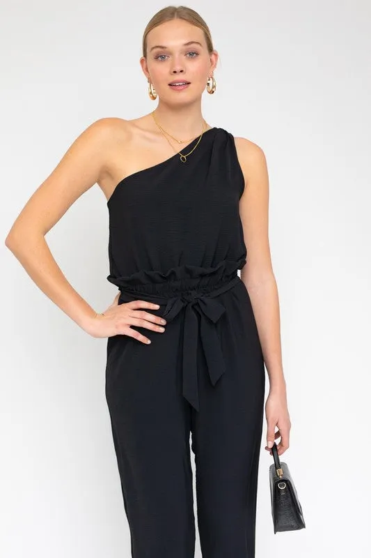 Black Sleeveless One Shoulder Waist Tie Jumpsuit